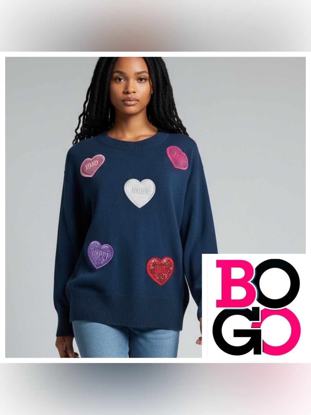 Berkley Jensen Sweater Navy Heart Patch Crewneck Long sleeves size Large NWT